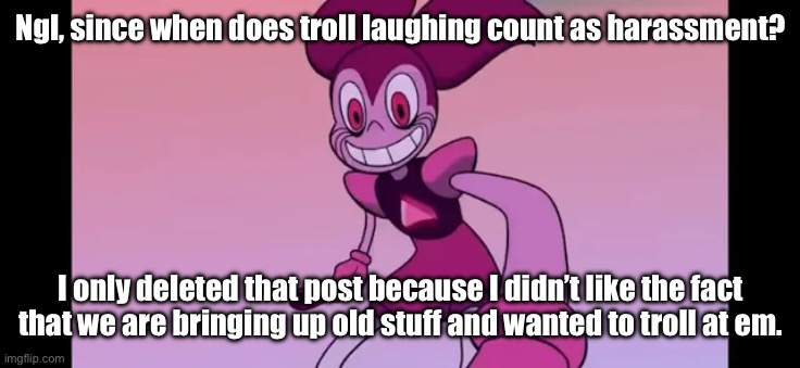 Cooling mah jets rn. | Ngl, since when does troll laughing count as harassment? I only deleted that post because I didn’t like the fact that we are bringing up old stuff and wanted to troll at em. | image tagged in spinel staring at you | made w/ Imgflip meme maker