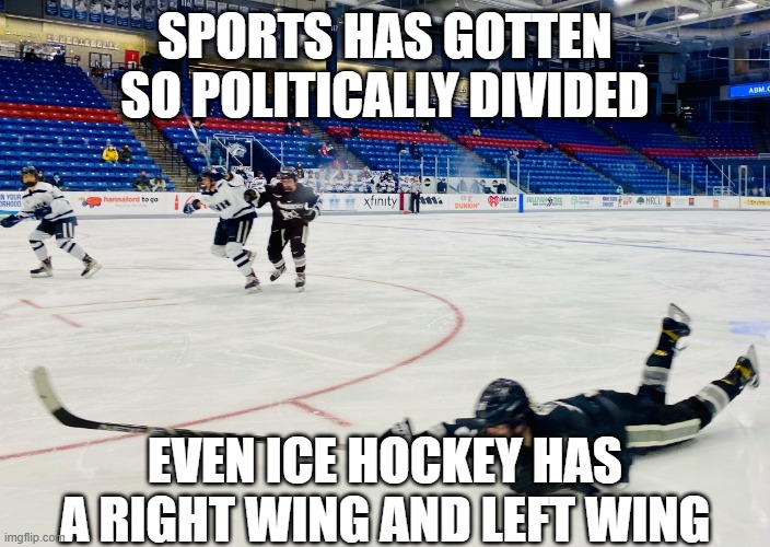 Eating Ice | SPORTS HAS GOTTEN SO POLITICALLY DIVIDED; EVEN ICE HOCKEY HAS A RIGHT WING AND LEFT WING | image tagged in eating ice | made w/ Imgflip meme maker