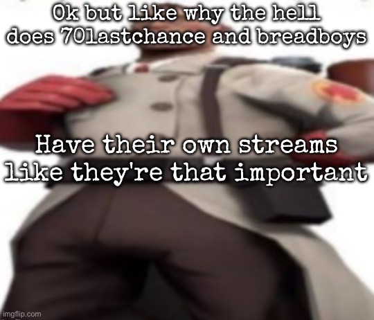 Ze medic | Ok but like why the hell does 70lastchance and breadboys; Have their own streams like they're that important | image tagged in ze medic,msmg | made w/ Imgflip meme maker