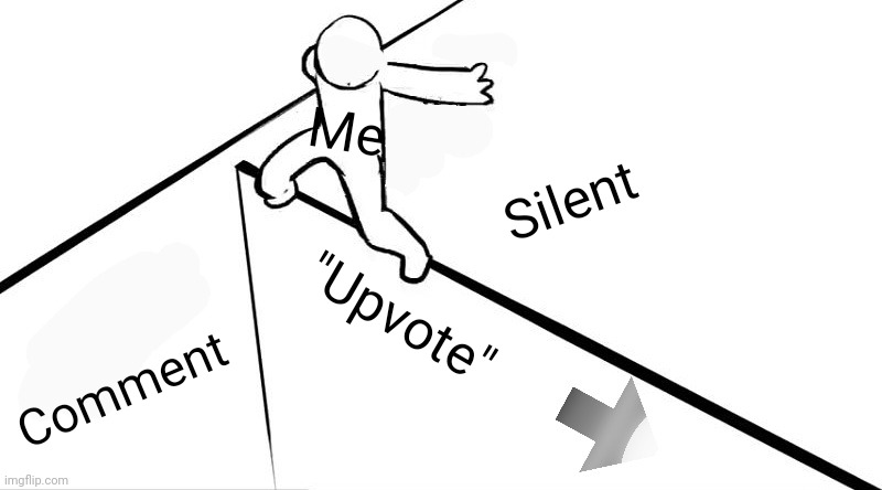 Crossing the bridge | Me; Silent; "Upvote"; Comment | image tagged in crossing the bridge | made w/ Imgflip meme maker