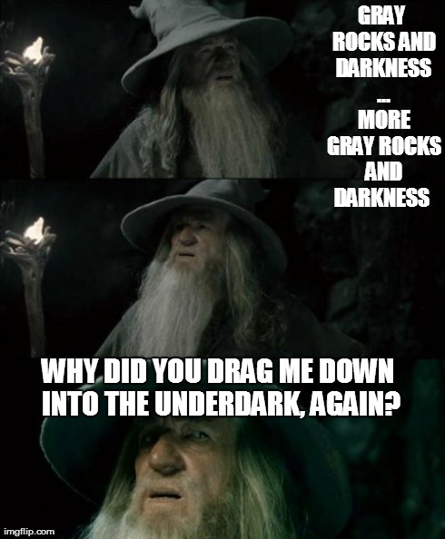 Confused Gandalf Meme | GRAY ROCKS AND DARKNESS ... MORE GRAY ROCKS AND DARKNESS  WHY DID YOU DRAG ME DOWN INTO THE UNDERDARK, AGAIN? | image tagged in memes,confused gandalf | made w/ Imgflip meme maker