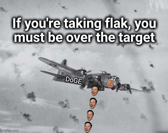 If you're taking flak, you  must be over the target | If you're taking flak, you 
must be over the target; DoGE | image tagged in doge,elon musk,donald trump,waste,fraud and abuse | made w/ Imgflip meme maker