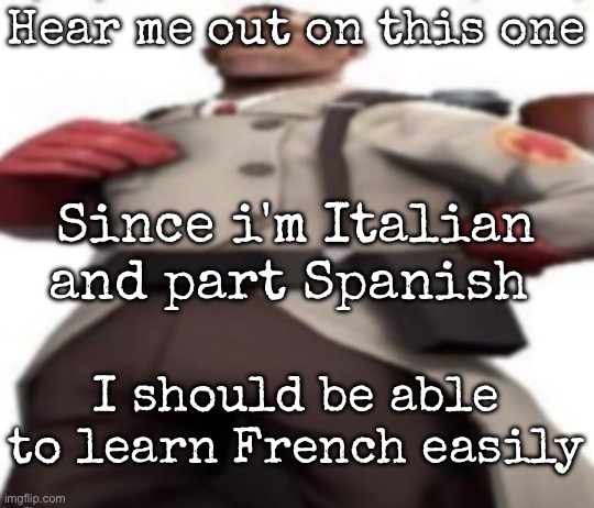 Don't smite me please | Hear me out on this one; Since i'm Italian and part Spanish; I should be able to learn French easily | image tagged in ze medic,msmg | made w/ Imgflip meme maker