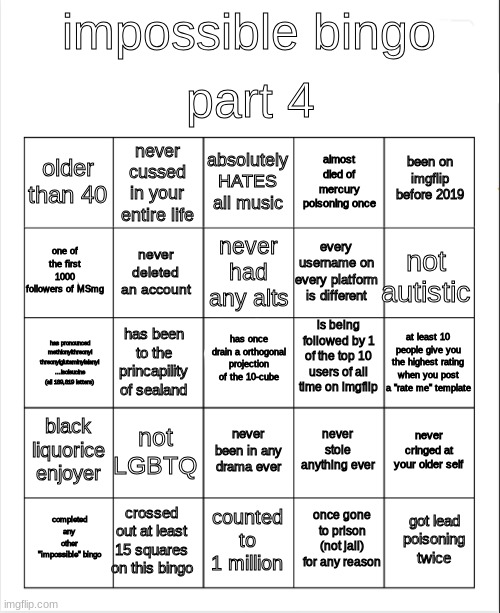 High Quality impossible bingo part 4 Blank Meme Template
