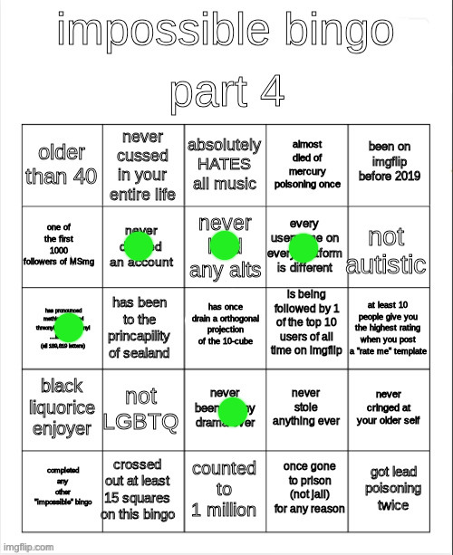 impossible bingo part 4 | image tagged in impossible bingo part 4 | made w/ Imgflip meme maker