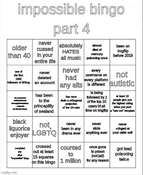 impossible bingo part 4 | image tagged in impossible bingo part 4 | made w/ Imgflip meme maker