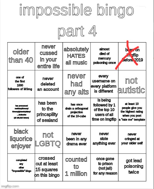 impossible bingo part 4 | image tagged in impossible bingo part 4 | made w/ Imgflip meme maker