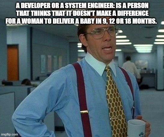 PM counter-attacks | A DEVELOPER OR A SYSTEM ENGINEER: IS A PERSON THAT THINKS THAT IT DOESN'T MAKE A DIFFERENCE FOR A WOMAN TO DELIVER A BABY IN 9, 12 OR 18 MONTHS. | image tagged in memes,that would be great | made w/ Imgflip meme maker