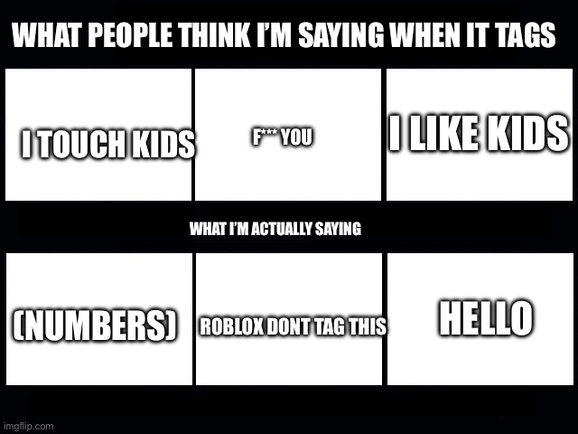 Why Roblox. Just fix moderation | WHAT PEOPLE THINK I’M SAYING WHEN IT TAGS; I LIKE KIDS; I TOUCH KIDS; F*** YOU; WHAT I’M ACTUALLY SAYING; (NUMBERS); HELLO; ROBLOX DONT TAG THIS | image tagged in why | made w/ Imgflip meme maker