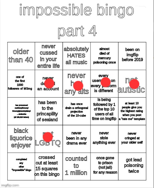 impossible bingo part 4 | image tagged in impossible bingo part 4 | made w/ Imgflip meme maker