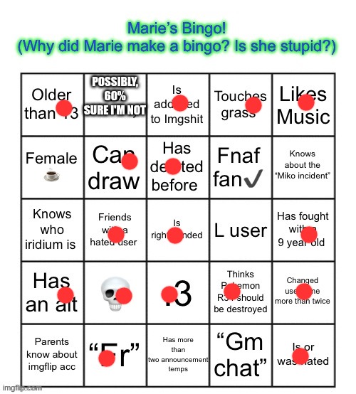 The Marie Bingo! | POSSIBLY, 60% SURE I'M NOT | image tagged in the marie bingo | made w/ Imgflip meme maker