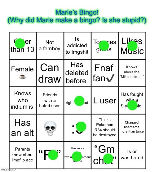 The Marie Bingo! | image tagged in the marie bingo | made w/ Imgflip meme maker