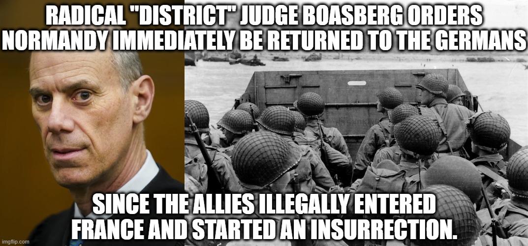 RADICAL "DISTRICT" JUDGE BOASBERG ORDERS NORMANDY IMMEDIATELY BE RETURNED TO THE GERMANS; SINCE THE ALLIES ILLEGALLY ENTERED FRANCE AND STARTED AN INSURRECTION. | image tagged in normandy omaha beach | made w/ Imgflip meme maker