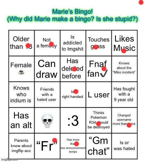 The Marie Bingo! | image tagged in the marie bingo | made w/ Imgflip meme maker