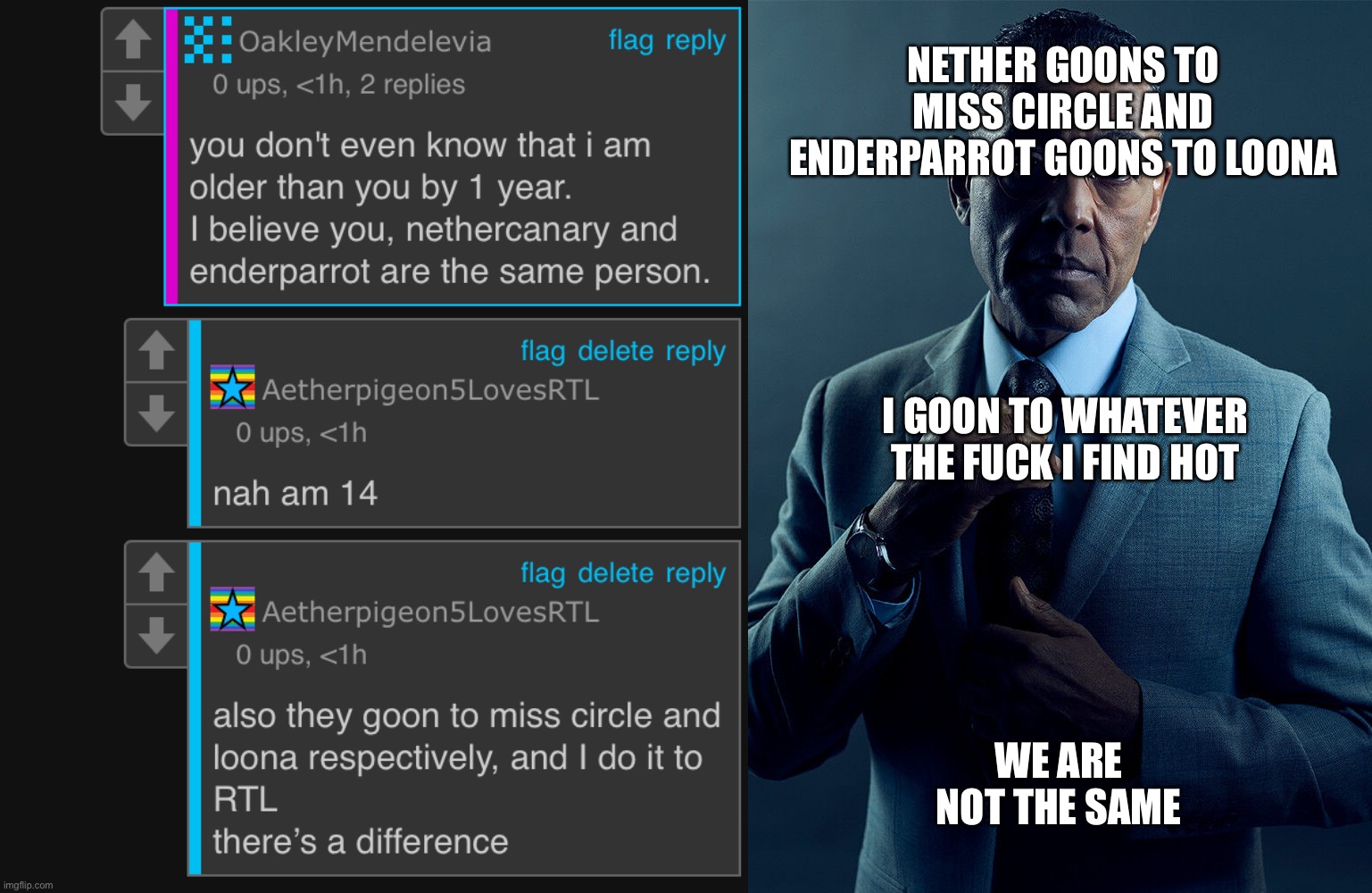 NETHER GOONS TO MISS CIRCLE AND ENDERPARROT GOONS TO LOONA; I GOON TO WHATEVER THE FUCK I FIND HOT; WE ARE NOT THE SAME | image tagged in gus fring we are not the same | made w/ Imgflip meme maker