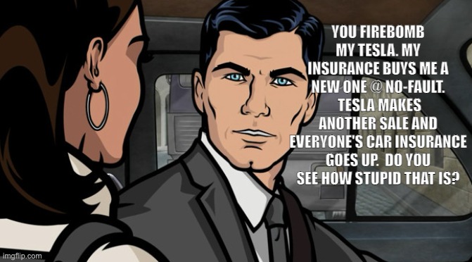 Archer Mansplain | YOU FIREBOMB MY TESLA. MY INSURANCE BUYS ME A NEW ONE @ NO-FAULT.  TESLA MAKES ANOTHER SALE AND EVERYONE'S CAR INSURANCE GOES UP.  DO YOU SEE HOW STUPID THAT IS? | image tagged in archer mansplain | made w/ Imgflip meme maker