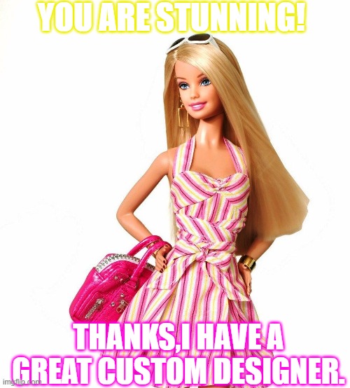 barbie shopping | YOU ARE STUNNING! THANKS,I HAVE A GREAT CUSTOM DESIGNER. | image tagged in barbie shopping | made w/ Imgflip meme maker