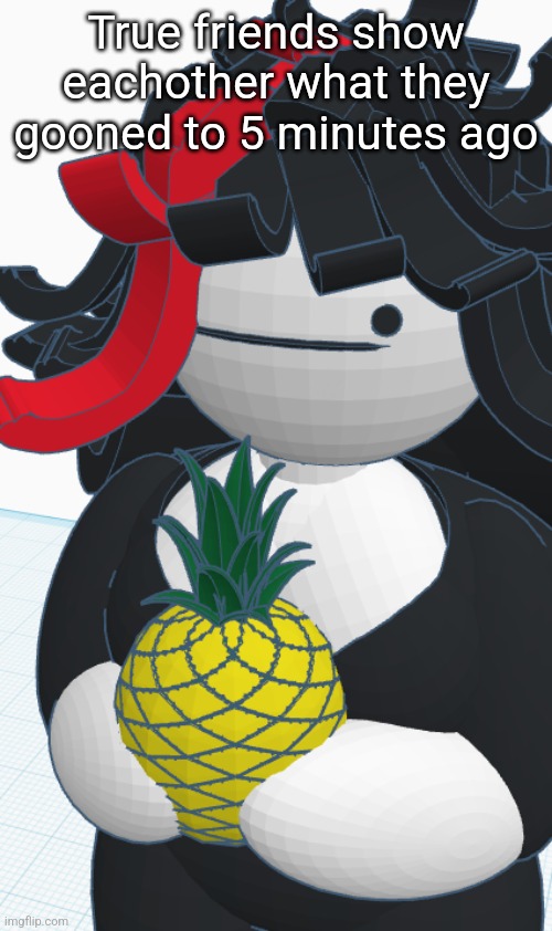 Claire pineapple | True friends show eachother what they gooned to 5 minutes ago | image tagged in claire pineapple | made w/ Imgflip meme maker