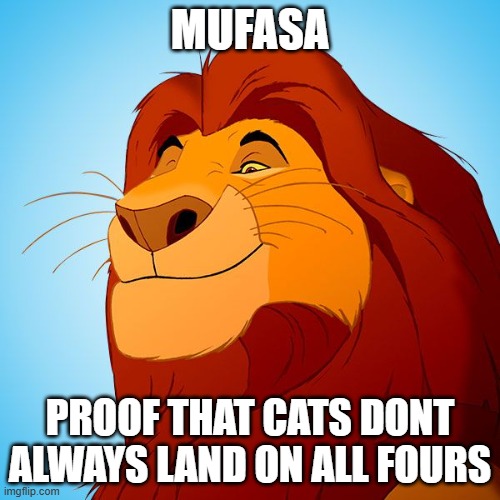 Mufasa Approves | MUFASA; PROOF THAT CATS DONT ALWAYS LAND ON ALL FOURS | image tagged in mufasa approves | made w/ Imgflip meme maker