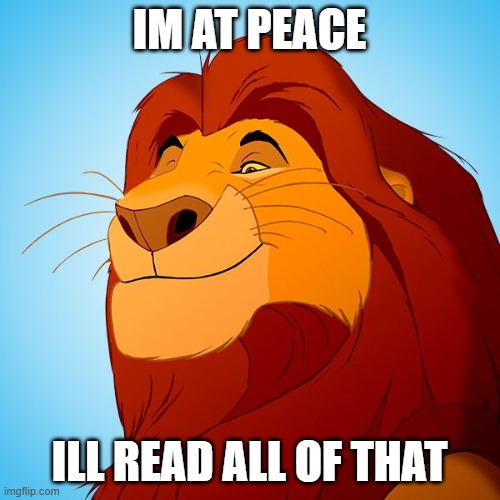 IM AT PEACE ILL READ ALL OF THAT | image tagged in mufasa approves | made w/ Imgflip meme maker