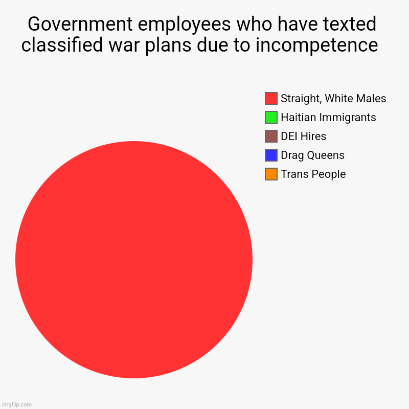 Government employees who have texted classified war plans due to incompetence  | Trans People , Drag Queens, DEI Hires, Haitian Immigrants , | image tagged in charts,pie charts,scumbag republicans,terrorists,trailer trash,conservative hypocrisy | made w/ Imgflip chart maker