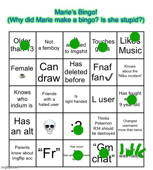 The Marie Bingo! | image tagged in the marie bingo | made w/ Imgflip meme maker