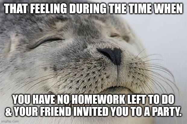 Satisfied Seal | THAT FEELING DURING THE TIME WHEN; YOU HAVE NO HOMEWORK LEFT TO DO & YOUR FRIEND INVITED YOU TO A PARTY. | image tagged in memes,happy,days | made w/ Imgflip meme maker