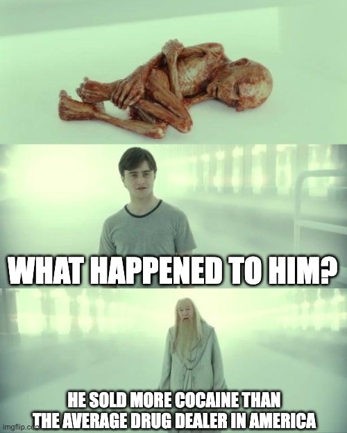 What Happened To Him..... | WHAT HAPPENED TO HIM? HE SOLD MORE COCAINE THAN THE AVERAGE DRUG DEALER IN AMERICA | image tagged in dead baby voldemort / what happened to him | made w/ Imgflip meme maker