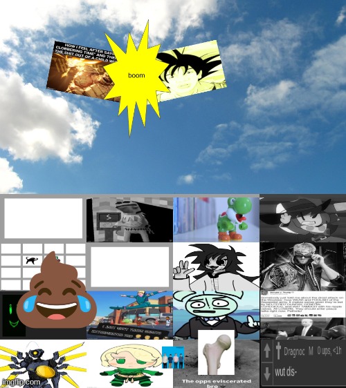 Goku and the thing have the most epic boss fight in the entire world while the giant bone finally kills bro, comment an event | made w/ Imgflip meme maker