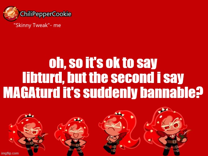 ChiliPepperCookie temp | oh, so it's ok to say libturd, but the second i say MAGAturd it's suddenly bannable? | image tagged in chilipeppercookie temp | made w/ Imgflip meme maker