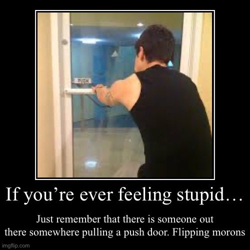 If you’re ever feeling stupid… | If you’re ever feeling stupid… | Just remember that there is someone out there somewhere pulling a push door. Flipping morons | image tagged in funny,demotivationals | made w/ Imgflip demotivational maker