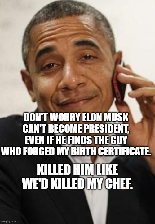 obama phone | DON'T WORRY ELON MUSK CAN'T BECOME PRESIDENT, EVEN IF HE FINDS THE GUY WHO FORGED MY BIRTH CERTIFICATE. KILLED HIM LIKE WE'D KILLED MY CHEF. | image tagged in obama phone | made w/ Imgflip meme maker