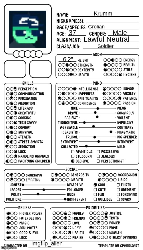 i know none of you care but here you go anyway | Krumm; Grolian; 37; Male; Lawful Neutral; Soldier; 6'2"; imgflip_alien | image tagged in character sheet by cparrisart | made w/ Imgflip meme maker