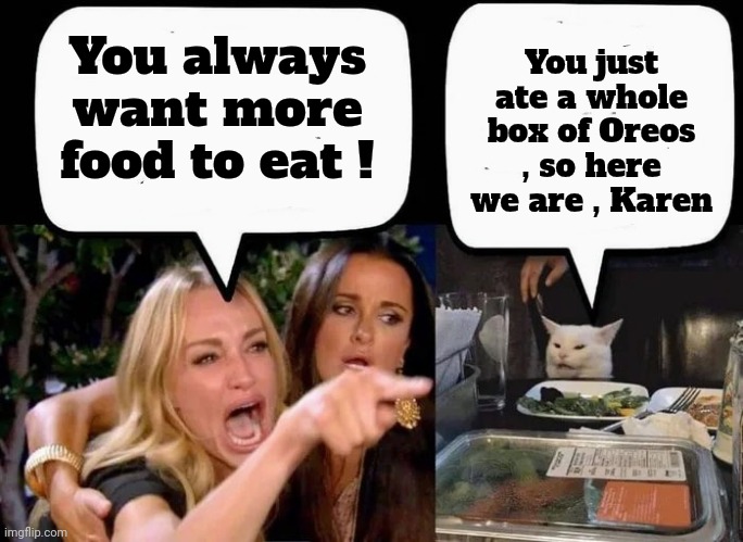 Don't eat the Cat | You always want more food to eat ! You just ate a whole box of Oreos , so here we are , Karen | image tagged in don't eat the cat | made w/ Imgflip meme maker