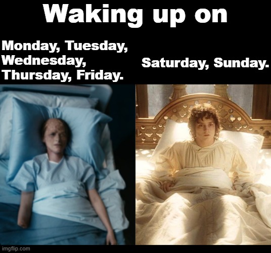 Waking up on; Monday, Tuesday, Wednesday, Thursday, Friday. Saturday, Sunday. | made w/ Imgflip meme maker