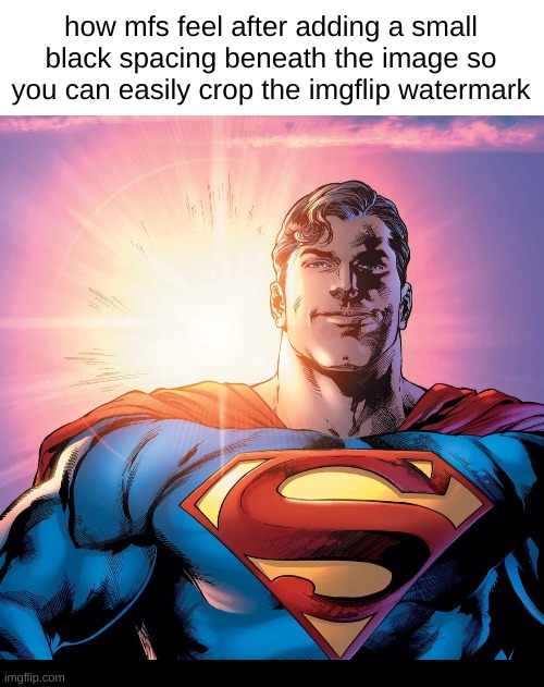 how mfs feel after adding a small black spacing beneath the image so you can easily crop the imgflip watermark | image tagged in blank white template,superman smiling | made w/ Imgflip meme maker