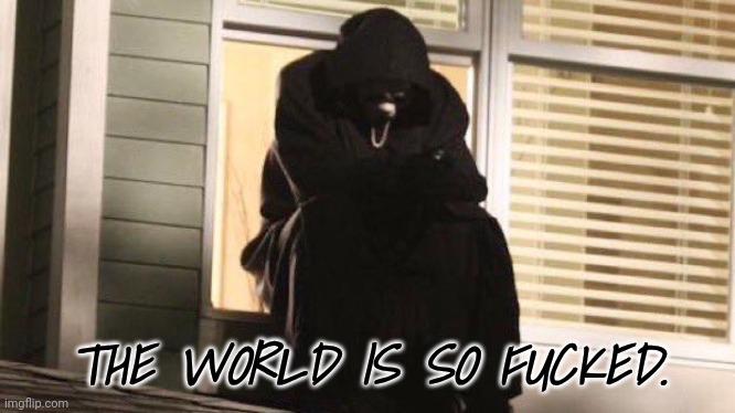 Sad Ghostface | THE WORLD IS SO FUCKED. | image tagged in sad ghostface | made w/ Imgflip meme maker