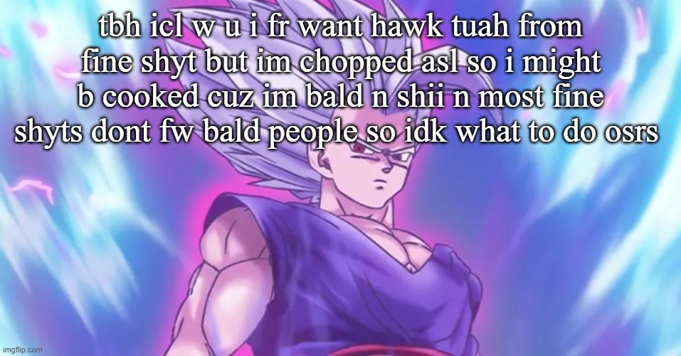 Beasthan | tbh icl w u i fr want hawk tuah from fine shyt but im chopped asl so i might b cooked cuz im bald n shii n most fine shyts dont fw bald people so idk what to do osrs | image tagged in beasthan | made w/ Imgflip meme maker
