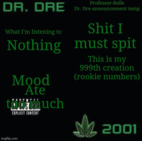 Professor-Balls Dr Dre announcement temp | Nothing; This is my 999th creation (rookie numbers); Ate too much | image tagged in professor-balls dr dre announcement temp | made w/ Imgflip meme maker