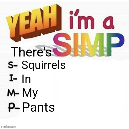Yeah im a simp | There's; Squirrels; In; My; Pants | image tagged in yeah im a simp | made w/ Imgflip meme maker