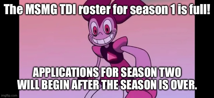 Roster is full, the polls are closed. | The MSMG TDI roster for season 1 is full! APPLICATIONS FOR SEASON TWO WILL BEGIN AFTER THE SEASON IS OVER. | image tagged in spinel staring at you | made w/ Imgflip meme maker