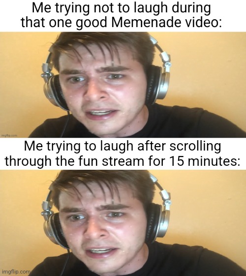 I mean it's "funny" at times, just not audibly. | Me trying to laugh after scrolling through the fun stream for 15 minutes: | image tagged in sweaty gamer | made w/ Imgflip meme maker