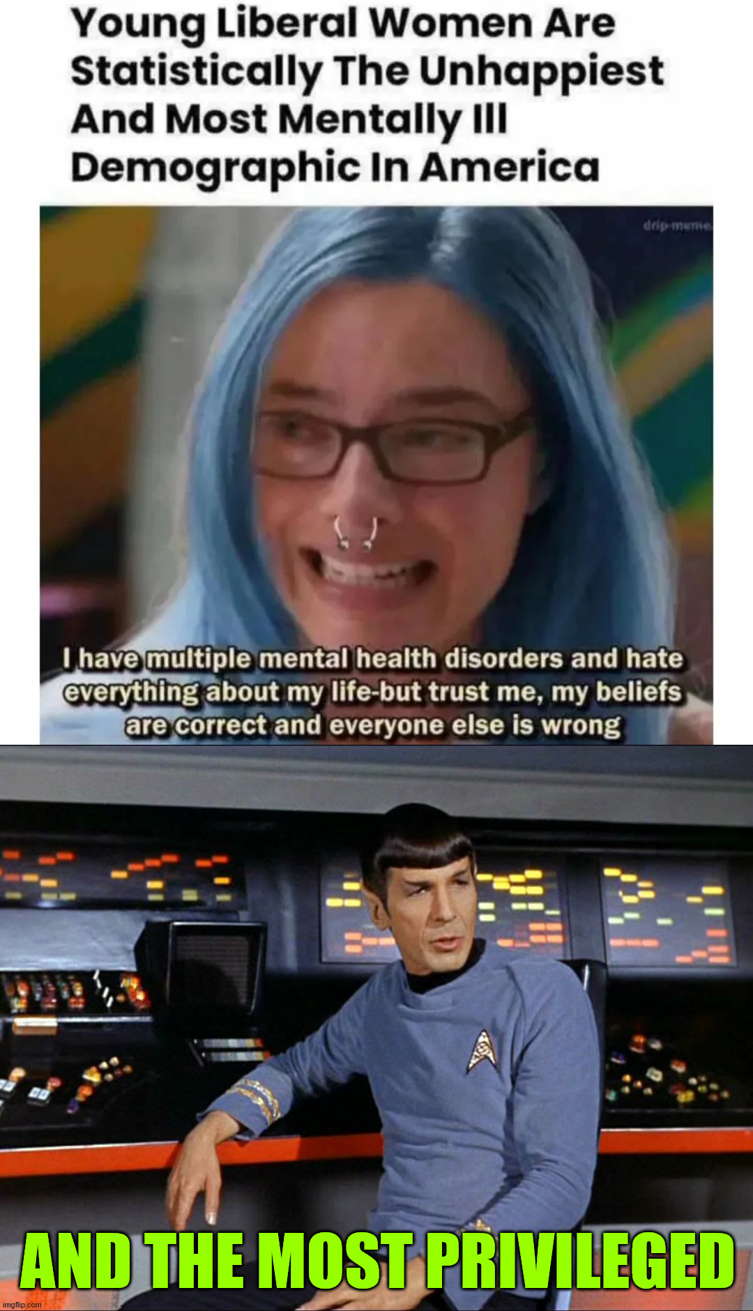 There's your answer | AND THE MOST PRIVILEGED | image tagged in allow me to point out,liberal women,statistically,most unhappy and mentally ill | made w/ Imgflip meme maker