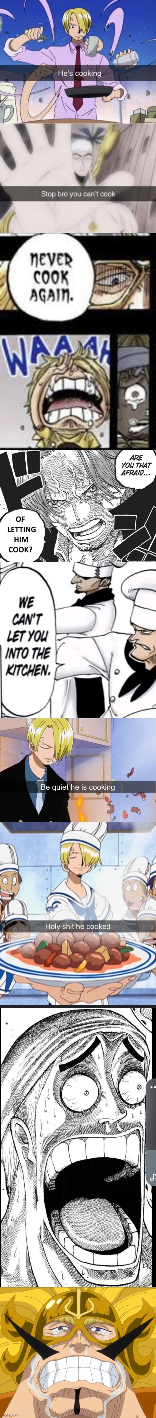 Sanji's story, or, "Let him cook." | image tagged in he s cooking,stop bro you can't cook,never cook again,don't let him cook,be quiet he is cooking,holy shit he cooked | made w/ Imgflip meme maker