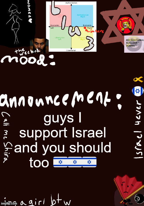 blu3’s shira temp | guys I support Israel and you should too 🇮🇱🇮🇱🇮🇱 | image tagged in blu3 s shira temp | made w/ Imgflip meme maker