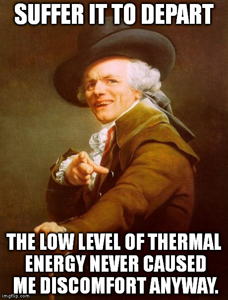 From the movie "Chemically Solidified". | SUFFER IT TO DEPART THE LOW LEVEL OF THERMAL ENERGY NEVER CAUSED ME DISCOMFORT ANYWAY. | image tagged in memes,joseph ducreux | made w/ Imgflip meme maker