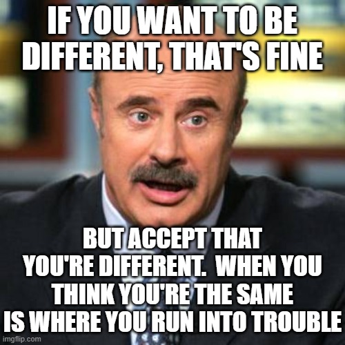 Dr. Phil | IF YOU WANT TO BE DIFFERENT, THAT'S FINE BUT ACCEPT THAT YOU'RE DIFFERENT.  WHEN YOU THINK YOU'RE THE SAME IS WHERE YOU RUN INTO TROUBLE | image tagged in dr phil | made w/ Imgflip meme maker