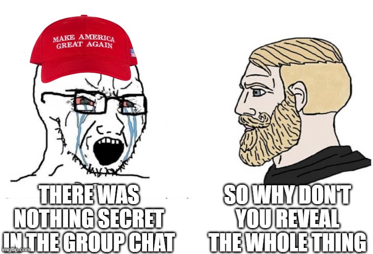 Keep comments relevant | SO WHY DON'T YOU REVEAL THE WHOLE THING; THERE WAS NOTHING SECRET IN THE GROUP CHAT | image tagged in soyboy vs yes chad,pathetic don | made w/ Imgflip meme maker