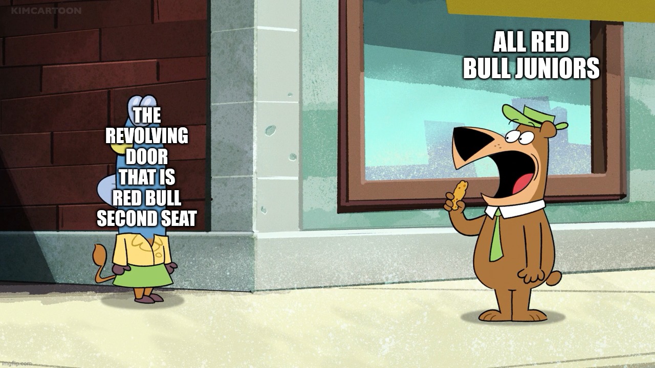 ALL RED BULL JUNIORS; THE REVOLVING DOOR THAT IS RED BULL SECOND SEAT | image tagged in formula 1,red bull,junior | made w/ Imgflip meme maker