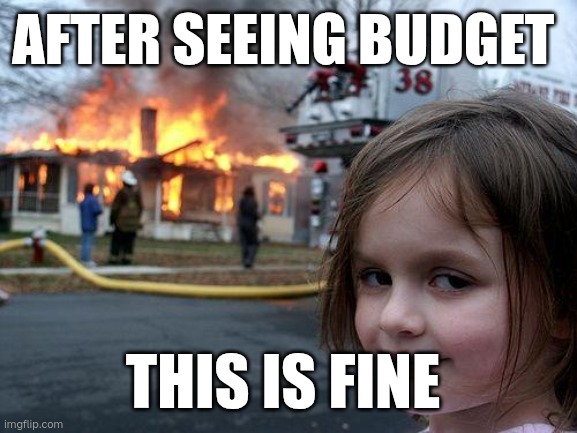 Disaster Girl | AFTER SEEING BUDGET; THIS IS FINE | image tagged in memes,disaster girl | made w/ Imgflip meme maker